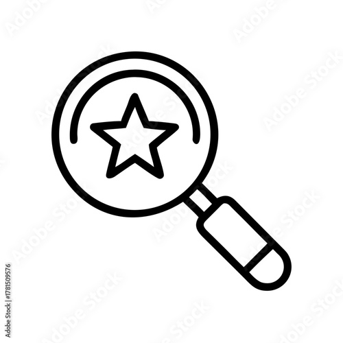 Magnifying glass icon with a star inside, symbolizing search and focus. This design is perfect for illustrating concepts like quality, examination, and discovery. 