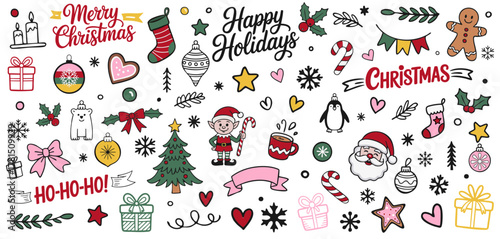 Cute Christmas Doodle Vector Set; SVG with Transparent Background