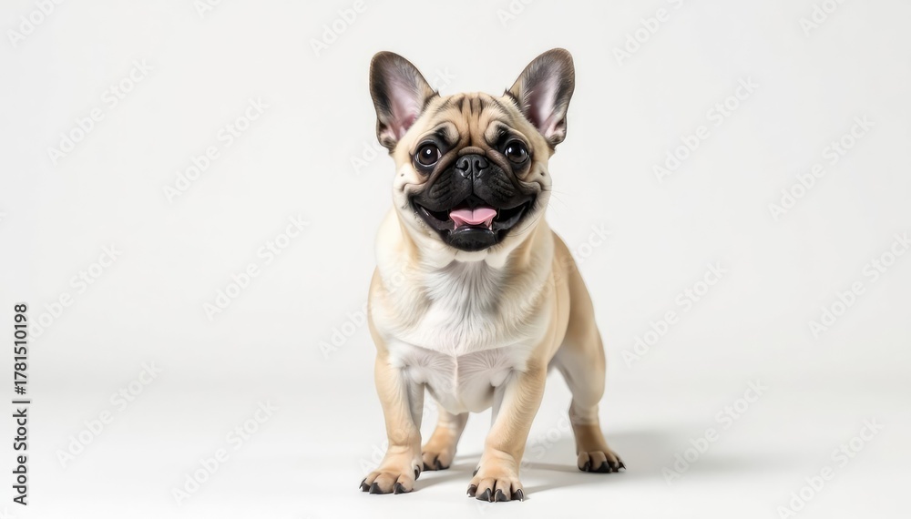 Obraz premium A playful pug, alone, against a stark white backdrop, closeup, dog breed, brown