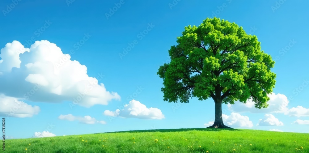 Fototapeta premium A single tree isolated against a clear blue sky and fluffy clouds, tree, isolation