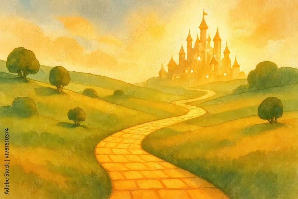 Naklejka premium Watercolor golden brick road winding toward a luminous distant city under sunrise
