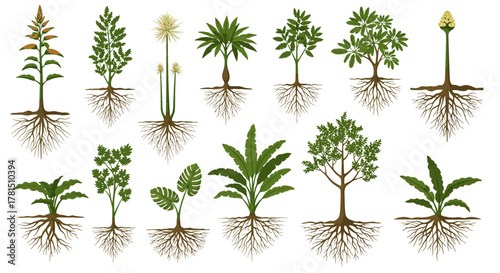 Collection of Botanical Plant Illustrations with Root Systems