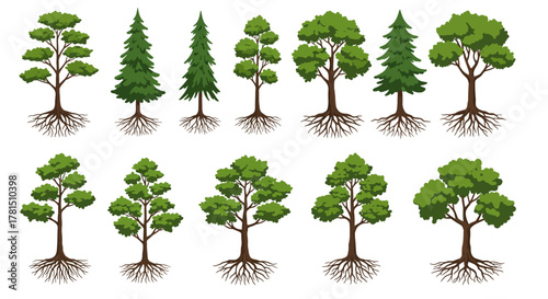 Variety of Trees with Exposed Roots Illustration of Diverse Tree Species