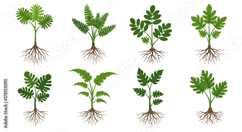 Botanical Diversity An Array of Rooted Plants Illustration