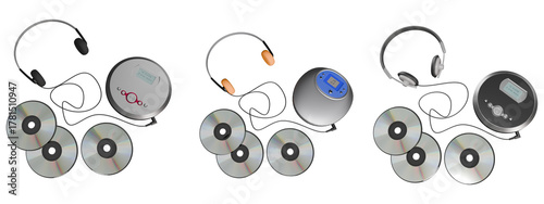 set of retro-style portable CD player with blue details and headphones on a transparent background. Front view, angled view, side view, perspective view. Disc player.