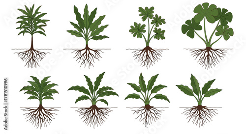 Botanical Diversity An Array of Plants and Root Systems Illustration