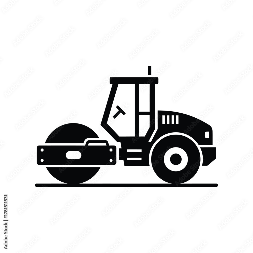 Fototapeta premium Black road roller icon on white background construction vehicle