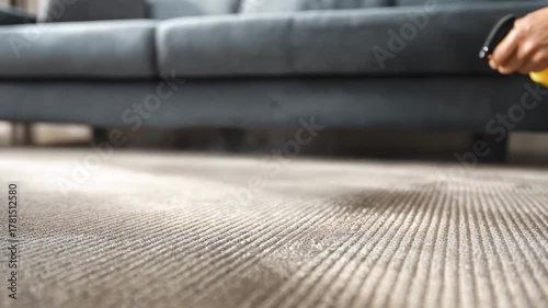 Medium frame showing a homeowner using a hypoallergenic carpet spray on a textured carpet to minimize dust mite and pet dander buildup.