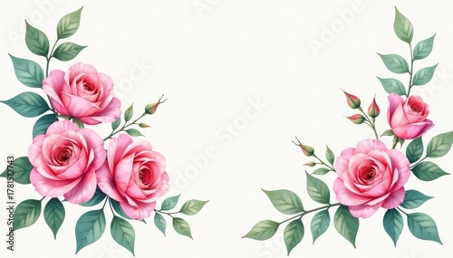 Delicate watercolor roses & leaves, soft pastel hues, feminine, vintage