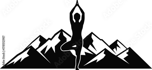 Silhouette of a woman in yoga pose against a mountain range, symbolizing harmony and nature