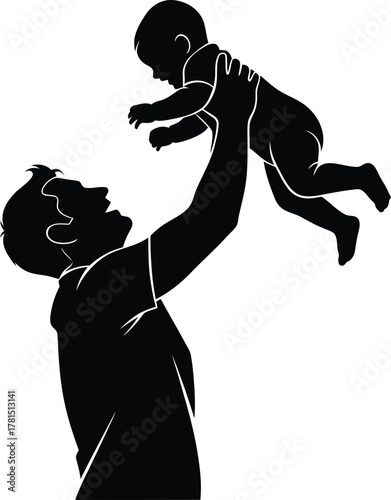 A father is holding his baby in the air the father is wearing a tshirt and shorts the baby is wearing a diaper