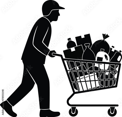 Silhouette of a man pushing a shopping cart full of groceries, conveying consumerism and shopping
