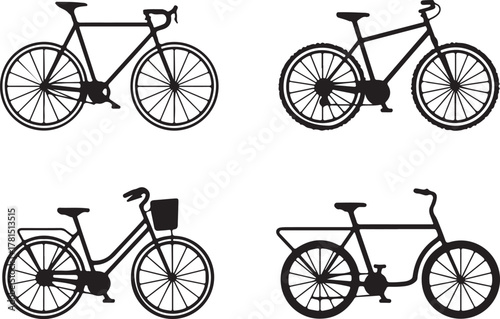 bicycle road mountain city cargo minimalist silhouette vector icons set