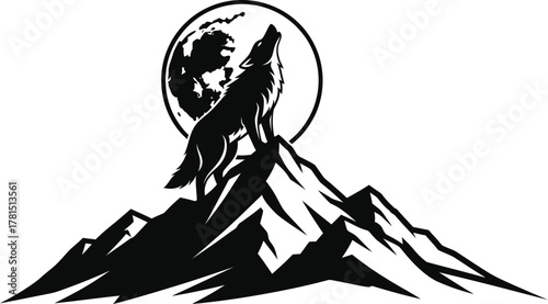 Majestic wolf howling at the moon atop a mountain peak, a powerful and evocative illustration, , a timeless scene