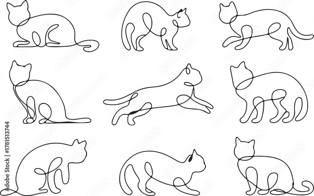 Fototapeta premium cat monoline illustration nine pose collection continuous line