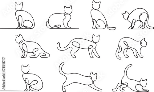 cat lineart vector nine continuous single line cat poses set