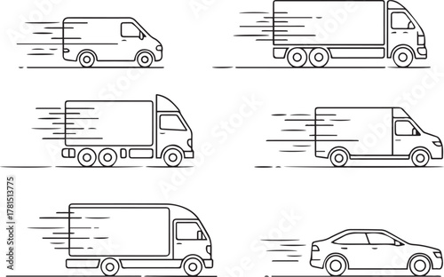 truck logistics delivery van semi trailer box truck sedan motion lineart vector icons
