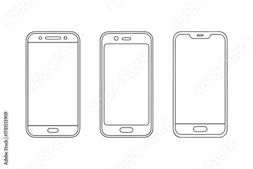 smartphone comparison line-art trio showing home button bezel and notch