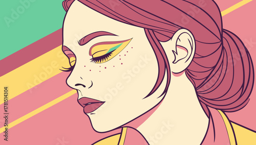 Portrait illustration of a fashionable woman with colorful makeup and retro aesthetic design style