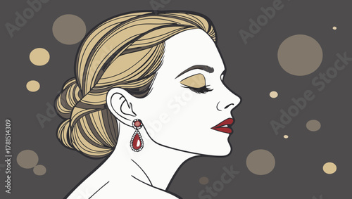 Elegant woman portrait with red lipstick and earring beauty fashion illustration style design artwork