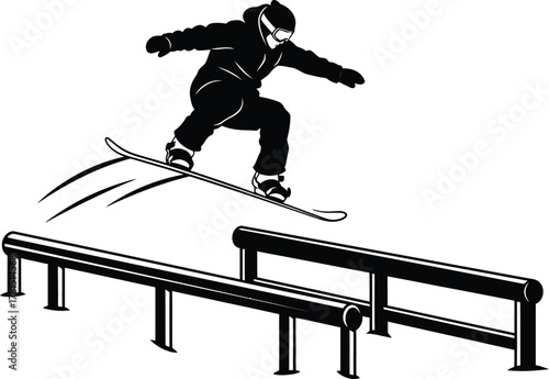 Snowboarder performing a trick a rail black and vector illustration