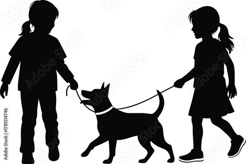 Two girls walking a dog a leash, silhouette children and pet walking together in black and