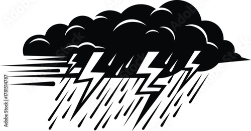 Dark storm cloud with lightning and rain, silhouette weather phenomenon with thunder and heavy rainfall