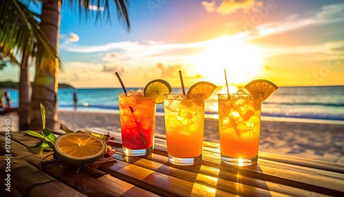 Three refreshing tropical cocktails with citrus garnishes arranged on a bamboo table with a sandy beach and ocean sunset backdrop in vibrant orange and yellow hues