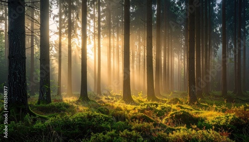 Sunlight Streams Through Tall Trees in a Misty Forest Illuminating Green Moss and Plants on the Forest Floor