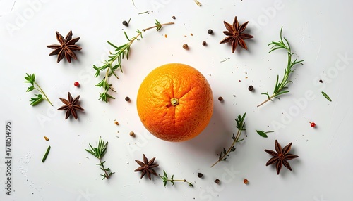 Top Down View of a Fresh Orange Surrounded by Star Anise Herbs and Spices on a Clean White Surface Perfect for Festive Food Concepts