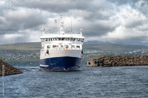 Passenger ferry approaching of Nolsoy, Faroe Islands