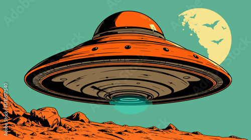 Flying saucer hovering above an alien desert landscape with a bright moon in retro style