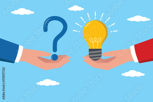 Question and answer,  business solution or solving problem, support idea concept, hand holding light bulb and quetion. FAQ concept, businessman hand holding question mark with other reply with light.