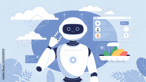 White robot waving hand with digital interface and plants