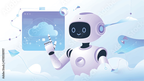 Friendly robot pointing at cloud data on screen artificial intelligence