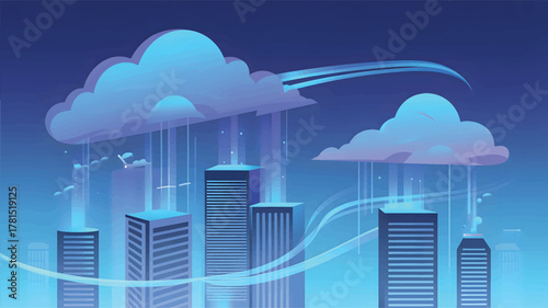 Blue abstract cityscape with clouds and light streaks