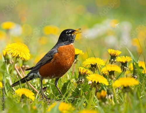 A vibrant bird with orange breast stands among bright yellow flowers in a lush green field, capturing a moment