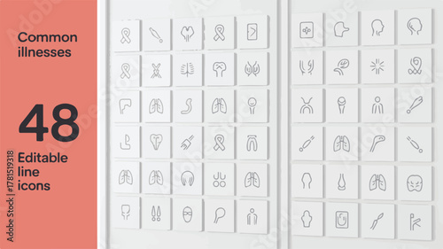 48 Editable Line Icons Set Common Illnesses, Medical Conditions, and Healthcare Symbols Collection