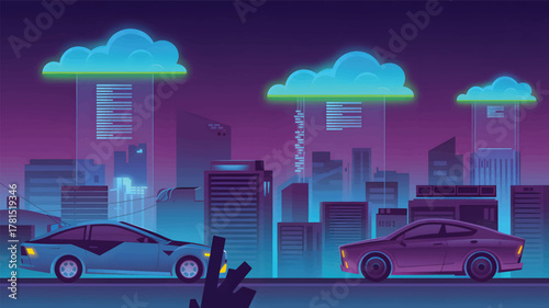 Nighttime city landscape with cars and buildings in a bright urban scene