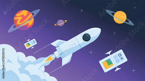 White rocket ship blasting off through purple space with planets