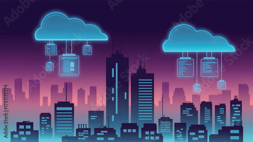 Blue digital clouds connect to city buildings at dusk