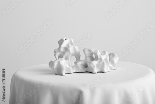 White ceramic rocks are placed on a table covered with a white tablecloth against a white background