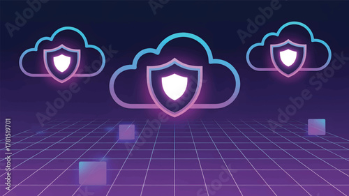 Three glowing cloud icons with shields on a grid background