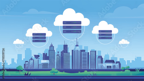 Cloud servers above a stylized city skyline cloud computing