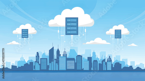 Blue server racks float in clouds above a city skyline