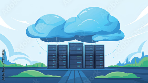 Server racks connected to a blue cloud in a stylized landscape