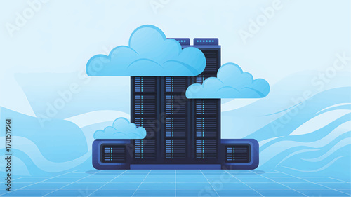 Server racks and clouds in blue digital landscape data center