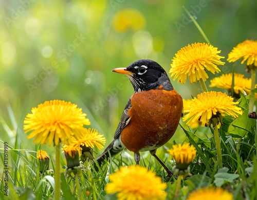 A vibrant bird with orange breast stands among bright yellow flowers in a lush green meadow, a sunny springtime scene