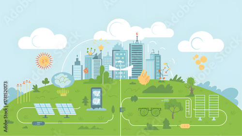 Green energy city concept with solar panels and buildings