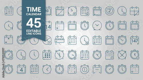 45 Editable Line Icons Time, Calendar, and Clock Elements for Schedules, Dates, and Planning Purposes